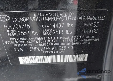 2016 Hyundai Sonata Se из США, поврежденный, VIN 5NPE24AF6GH338199